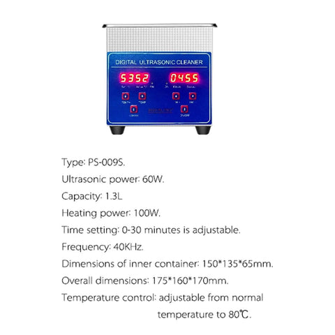 Hualuck 1.3L Ultrasonic Parts Cleaner With Timer And Heater, Stainless Steel Bath For Degas Degreasing Hardware Tools, Digital Led Display Touch Control Ultra-Clean Machine control panel showing time and temperature settings.