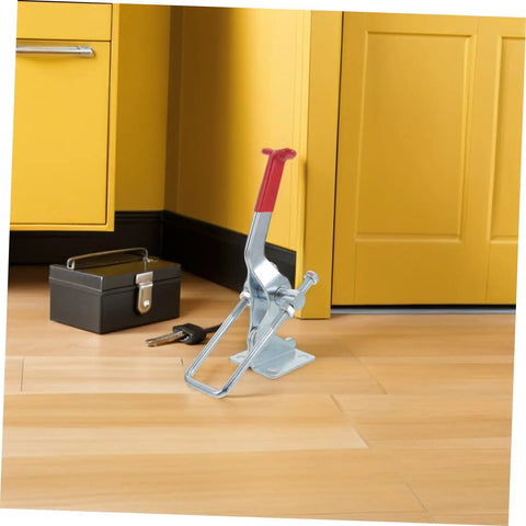 Super Tough Two Pack Heavy Duty Toggle Latch Clamps With Galvanized Iron Build and Massive 2183 Pound Holding Power For Your Work Jigs Or Chest Drawers on wooden floor.