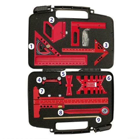 Woodworking Measuring And Scribing Tool Set 9 Piece Precision Kit For Carpentry And DIY Projects With Pro Grade Aluminum Alloy Build Includes Angle Ruler Dovetail Gauge Scriber And Marking Tools In A Sturdy Storage Box