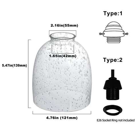 Four Pack Clear Seeded Glass Lamp Shade Replacements For Ceiling Fans Chandeliers Pendant Lights Vanity Lights And Kitchen Island Fixtures Fits Two And One Eighth Inch Fitter 4.76 Inch Diameter 5.47 Inch High diagram