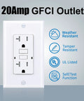 20Amp GFCI Outlet with tamper-resistant and self-test features, UL listed, shown with white wall plate