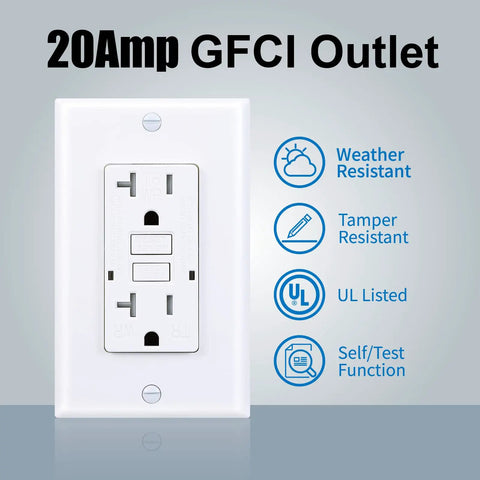 20Amp GFCI Outlet with tamper-resistant and self-test features, UL listed, shown with white wall plate