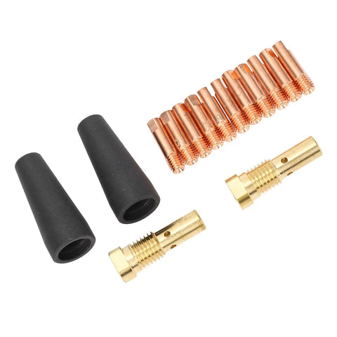 Gasless Flux Core Nozzle Tips Kit For Mig Welders, 15 Piece Set with 0.039 Inch Electrodes, 2 Gasless Nozzles, 2 Brass Diffusers, 11 Copper Tips