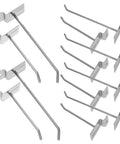 Space Saving Slatwall Hooks For Phone Accessories Silver Iron Wall Hangers With Large Capacity For Retail Displays And Slat Walls Easy Setup No Tools Needed. Silver iron hooks displayed isolated on white background, 12 pieces.