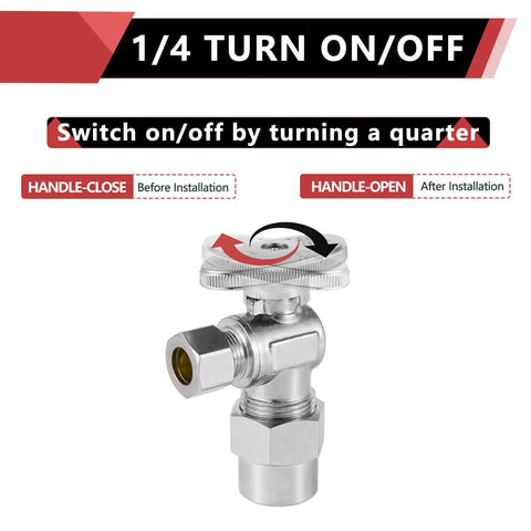 10-Pack One Quarter Turn Angle Shut Off Valves, Three Eighths Inch OD Compression To One Half Inch CPVC Pipe Connection, on/off feature