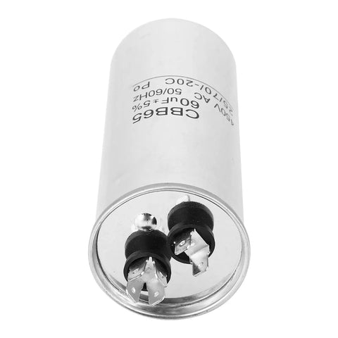 60 UF 450 V AC Run Capacitor For Air Conditioning Compressors And Industrial Motors Waterproof 60 Microfarad Start Unit For Motor Drive Systems Built Tough For Real World HVAC And Commercial Equipment, white cylindrical capacitor with metal terminals