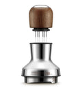 Pro 58 Mm Espresso Powder Distributor With Tough Walnut Handle And Stainless Steel Tines designed for even coffee grounds.