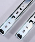 Close-up of Beefy Metal Sliding Drawer Runners With Two Section Ball Bearing Tracks Full Extension Side Mount Two Way Drawer Slides