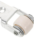 Close-up of White Nylon Sliding Door Guide Wheels With Brake For Furniture Cabinet Tracks, showing the roller and metal bracket.