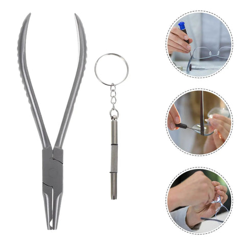 Stainless Steel Eyeglass Repair Kit With Nose Pad Pliers And Screwdriver For Quick Glasses Fixes Versatile Eyewear Maintenance And Easy Frame Adjustments 2Pcs Set shown with images of use scenarios