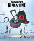 Ninjaline 36 Foot Intro Kit With Seven Hanging Attachments featuring ratchet, bag, rings, clips for backyard ninja training.