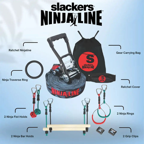 Ninjaline 36 Foot Intro Kit With Seven Hanging Attachments featuring ratchet, bag, rings, clips for backyard ninja training.