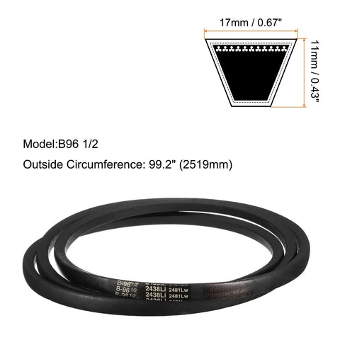 2 Pack B96 Half Rubber V Belt, B Section V-Belt, 99.2 Inches Outside Circumference, 0.67 Inch Width, 0.43 Inch Thick, Black Industrial Power Transmission Belt For Machinery And Equipment, shown with size diagram