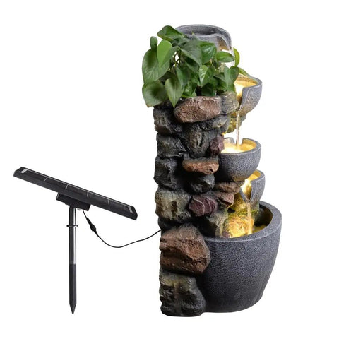 Solar Powered Water Fountain For Outdoors With LED Lights And DIY Planter Pot Waterfall Feature Cord Free Eco Friendly Garden Decor