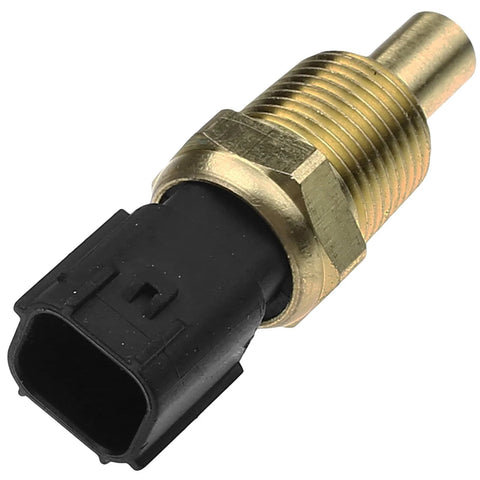 Close-up of brass coolant temperature sensor with threaded body and black plastic electrical connector.