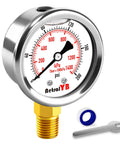 Front view of AetralYB 2-inch stainless steel waterproof pressure gauge, 0–200 psi, liquid-filled, 1/4 in lower mount