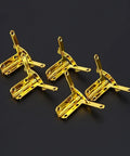 Rock Sturdy Cabinet Hinges 5 Pack Antique Brass 90 Degree Spring Assist Pivot Clamps on a black background.