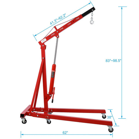 Heavy Duty 2 Ton Folding Engine Hoist 4000 LB Cherry Picker Telescopic Boom dimensions 41.3-62.2" height, 62" width, red color.