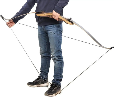 Person using Crossbow Cocking Rope Kit With Mechanical Advantage Pulley System For No Sweat Stringing Of Compound And Recurve Bows For Hunting And Target Practice 2 4 8 Pack Stringer Tool Today to string a recurve bow.
