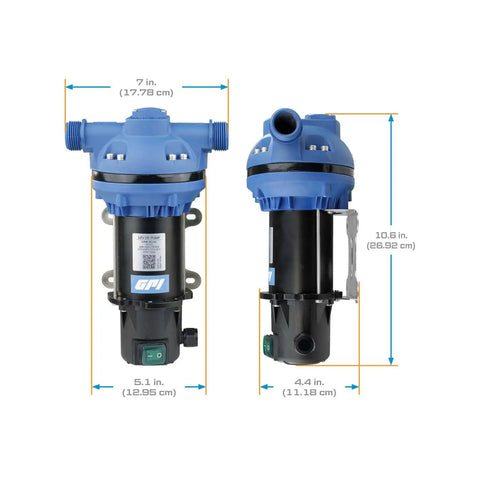 Heavy Duty 12 Volt Def Transfer Pump Handles 8 Gpm Antifreeze Or Washer Fluid No Sweat Compatible With Water Based Solutions Featuring Secure Hose Barb Connections For Easy Transfer, shown from the side with measurements.