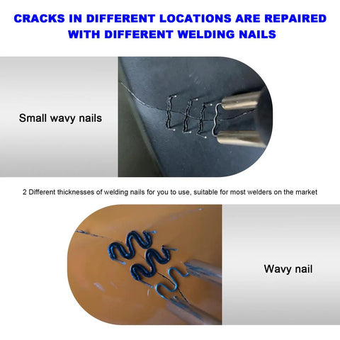 Image showing cracks repaired with Hot Staples Welding Rods Kit, highlighting small and large wave-style staples in plastic.