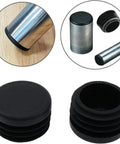 Awesome 8-Piece Black Plastic End Cap Set With Round Blanking Plugs And Pipe Inserts For Chair Legs, Tubes, And Hydraulic Systems Including O-Ring Sizes From 10Mm To 60Mm Perfect For Sealing And Stopping Flow In Any Cool Setup Today. Black plastic round pipe end caps on metal tube and chair leg.