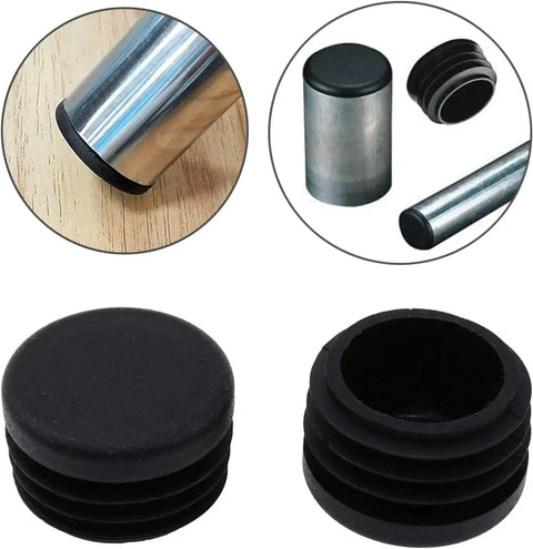 Awesome 8-Piece Black Plastic End Cap Set With Round Blanking Plugs And Pipe Inserts For Chair Legs, Tubes, And Hydraulic Systems Including O-Ring Sizes From 10Mm To 60Mm Perfect For Sealing And Stopping Flow In Any Cool Setup Today. Black plastic round pipe end caps on metal tube and chair leg.