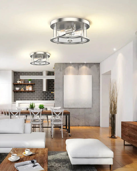2 Light Farmhouse Rustic Flush Mount Ceiling Light Fixture With Clear Glass Shade And Brushed Nickel Finish in living room