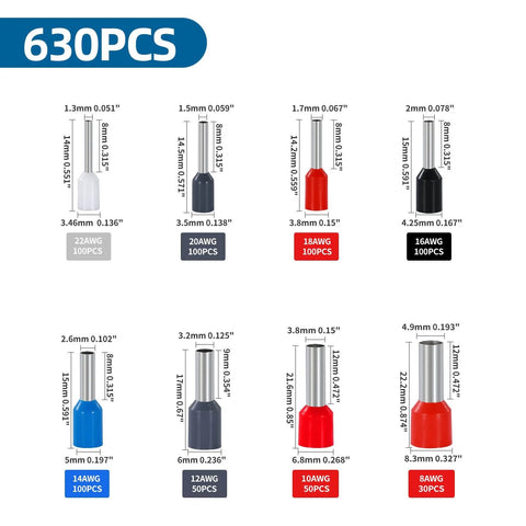Ferrule Crimping Tool Kit For Wire Ferrules AWG 22 To 8 With 8 Ferrule Sizes And Insulated Connectors displayed in various colors