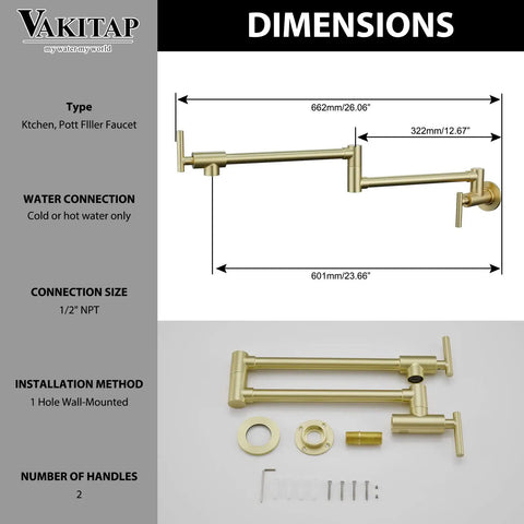 Gold Pot Filler Wall Mount Faucet With Double Joint Swing Arm Two Handle Single Hole Kitchen Faucet High Flow Brass Construction Modern Brass Finish