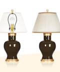 Brass Ball Lamp Finials Set Of 2 1 Inch Tall Lamp Cap Knobs installed on black ceramic table lamps with white shades.