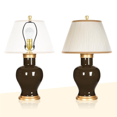 Brass Ball Lamp Finials Set Of 2 1 Inch Tall Lamp Cap Knobs installed on black ceramic table lamps with white shades.