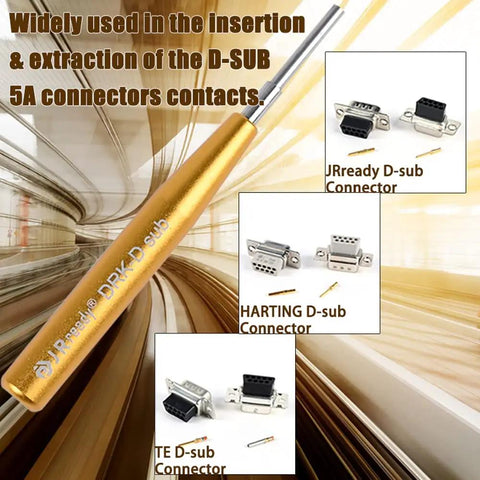 D Sub Connector Pins Removal And Insertion Toolkit For TE AMP Harting Heavy Duty 5A DB Crimp Contacts Extractor Kit Pro Grade Pin Extraction And Insertion ID 0.07 OD 0.09 Built For Tech Pros And DIYers with gold-plated needle design shown alongside connector examples