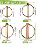 Heavy Duty Lynch Pin Set 50Pcs M4.5 M6 M8 M11 Locking Pins And Hitch Clips, size chart with M4.5 M6 M8 M11 dimensions.