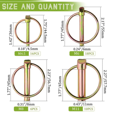 Heavy Duty Lynch Pin Set 50Pcs M4.5 M6 M8 M11 Locking Pins And Hitch Clips, size chart with M4.5 M6 M8 M11 dimensions.