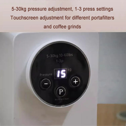 Next Level Electric Coffee Tamper 58mm semi automatic espresso press touchscreen showing 15kg pressure setting.