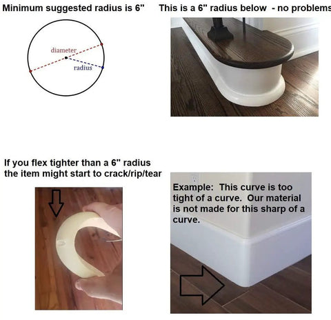 Diagram and images showing FLEXTRIM molding installation tips, ideal radius and risk of cracking with tight curves, for 3/4" quarter round molding.