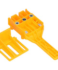 Pro Grade Dowel Jig For Woodworking With 6mm 8mm 10mm Drill Bit Guide And 0-50mm Scale, yellow handheld tool with chrome guides.