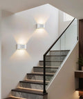 LED Wall Sconces Hardwired with On/Off Switch, Modern Wall Light, White illuminating a staircase wall.