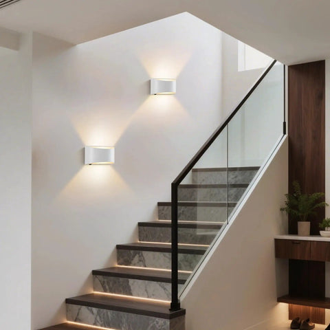 LED Wall Sconces Hardwired with On/Off Switch, Modern Wall Light, White illuminating a staircase wall.