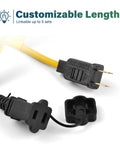 Plug and connector of Construction Lights String 50Ft Temporary Work Light With 5 Integrated LED Bulbs 5000 Lumens, customizable length.