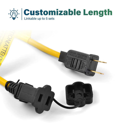 Plug and connector of Construction Lights String 50Ft Temporary Work Light With 5 Integrated LED Bulbs 5000 Lumens, customizable length.