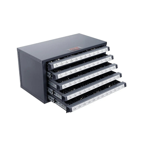Five Drawer Drill Bit Dispenser Cabinet With Sixty Compartments For Jobber Length Bits 1 To 60 Clear Labeled Organizer For Quick Access And Neat Workshop Black Drill Bit Storage Cabinet