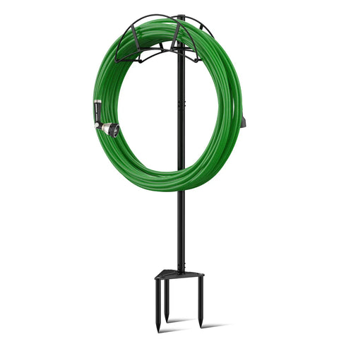 Heavy Duty Garden Hose Stand Freestanding In Ground Hose Rack Organizer For Outdoor Yard Holds Up To 150 Feet Of Hose With Round Tube Beefy Built To Last Rust Resistant Galvanized Fittings And Screws Black with green hose