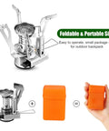 Mini backpacking stove from 8 Piece Camping Cookware Mess Kit with compact orange carrying case showcased in hand