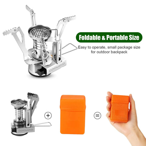 Mini backpacking stove from 8 Piece Camping Cookware Mess Kit with compact orange carrying case showcased in hand