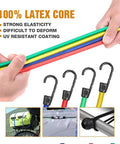 Heavy Duty Bungee Cord Set With Hooks In Jar, 25 Piece Latex Core Elastic Cords in assorted colors shown with features highlighted.