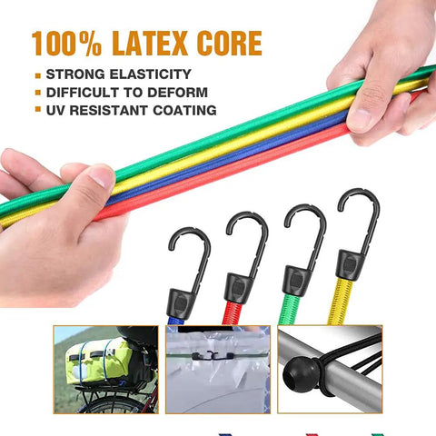 Heavy Duty Bungee Cord Set With Hooks In Jar, 25 Piece Latex Core Elastic Cords in assorted colors shown with features highlighted.
