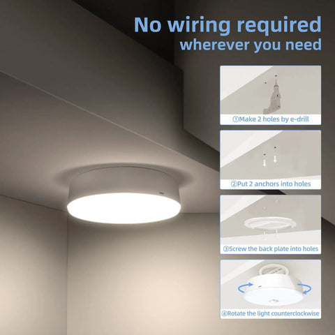 Rechargeable Motion Sensor Ceiling Light for Indoor Use, 7.4 Inch LED Closet Light with 300LM shown in installation steps.