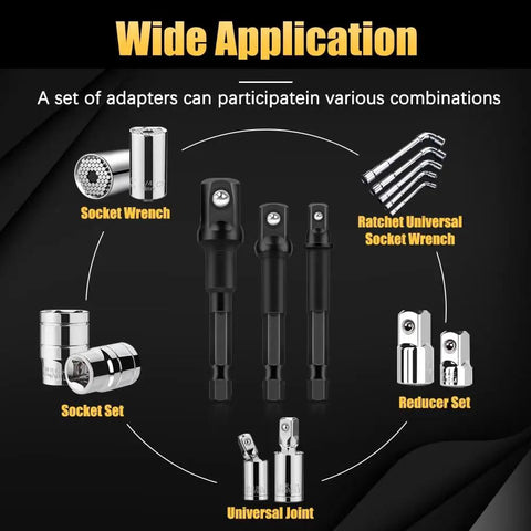 Heavy Duty Impact Grade Socket Adapter Set 1/4, 3/8, 1/2 Inch Drive Hex To Square Shank CrV Driver Adapters with various applications.